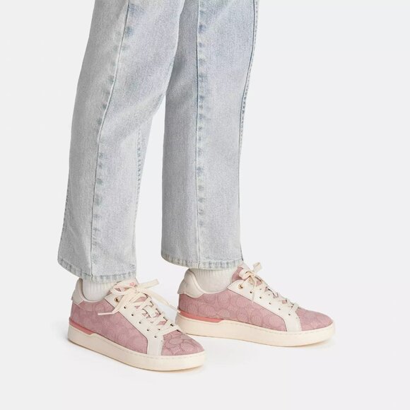 Coach Womens Clip Low Top In Signature Jacquard Pink Sz7.5 - Picture 1 of 5